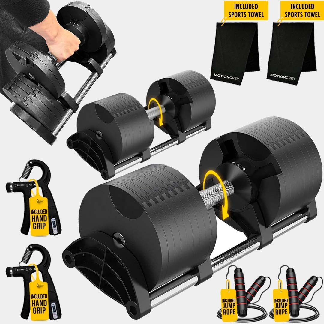 MotionGrey Adjustable Dumbbells Set 9-53 LB with 2-Second One-Hand Twist, 6 Weights in 1 Durable Modern Compact Design, Anti-Slip Handle, Bonus Hand Grips & Jump Ropes & Towels