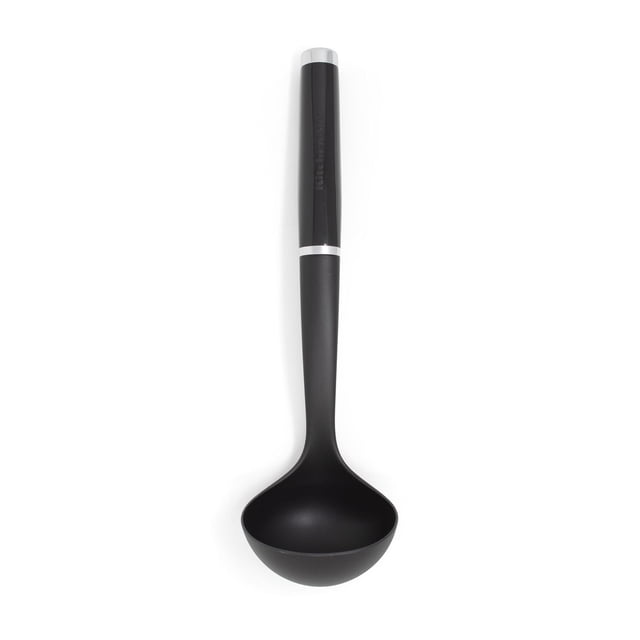 KitchenAid Nylon Ladle with a black nylon bowl and handle, featuring a glossy black upper handle section embossed with the KitchenAid logo and a silver accent band, heat resistant to 400 degrees F, safe for all cookware including nonstick, and dishwasher safe, also suitable for scooping pancake batter or serving soups and stews.