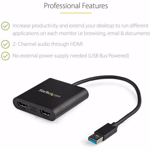 StarTech.com USB 3.0 to Dual HDMI Adapter, USB to 2x HDMI Monitor Converter for Windows (no support for macOS/ChromeOS/Linux)