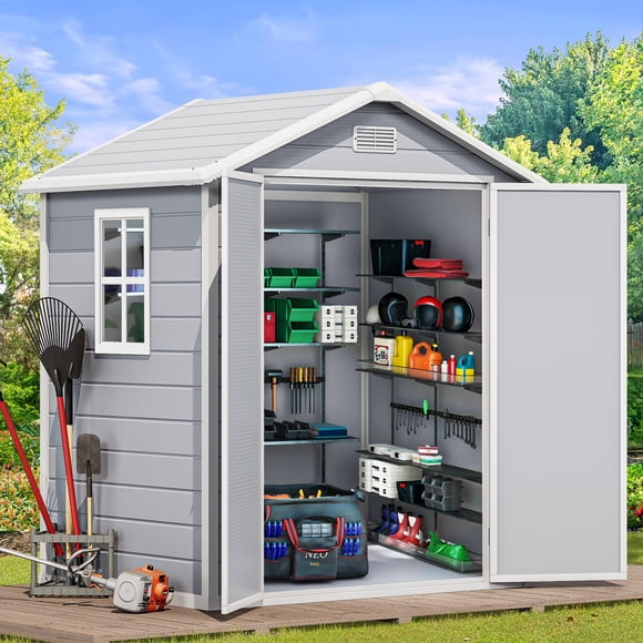 Dextrus 6.2x4.4 FT Resin Storage Shed with Reinforced Floor, Outdoor Storage Shed with Lockable Door, Sloped Roof, Window and Vent for Garden, Patio, Lawn to Store Trash Bins, Tools, Light Grey
