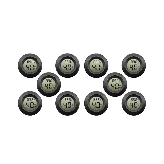 10-Pack Hygrometer Thermometer Digital LCD Monitor Humidity Meter Gauge for Humidifiers and Dehumidifiers. Each unit features a black ABS plastic shell with a round design and a clear LCD display showing temperature in Celsius and humidity percentage. Measures temperature from 0°C to 50°C and humidity from 10% to 99%, with a measurement accuracy of ±1°C for temperature and ±5% for humidity. Suitable for use in offices, cars, schools, hotels, laboratories, kindergartens, aquaculture, libraries, and factories. Includes 10 digital hygrometers and 10 button batteries.