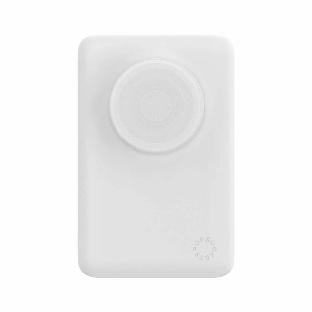PopSockets MagSafe Power Pack Charger 5000 mAh White/Clear with a compact rectangular white body and clear circular magnetic charging pad on top, featuring an embossed PopSockets logo, designed as a portable wireless power bank for convenient on-the-go charging and grip support.