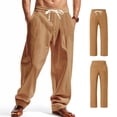 thumbnail image 4 of asjyhkr Mens Linen Pants Wide Leg Drawstring Elastic Casual Pants Workout Running with Pockets, 4 of 9