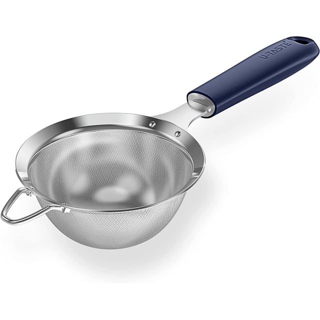 18/8 Stainless Steel Mesh Strainer: U-Taste 3.9 Inch Kitchen Fine Mesh Sieve Food Colander with riveted sturdy silicone handle in blue and 30 mesh holes. Ideal kitchen utensil for straining flour, pasta, fruit, quinoa, and more. Features a curved top loop for stability over bowls and a hanging loop for storage.