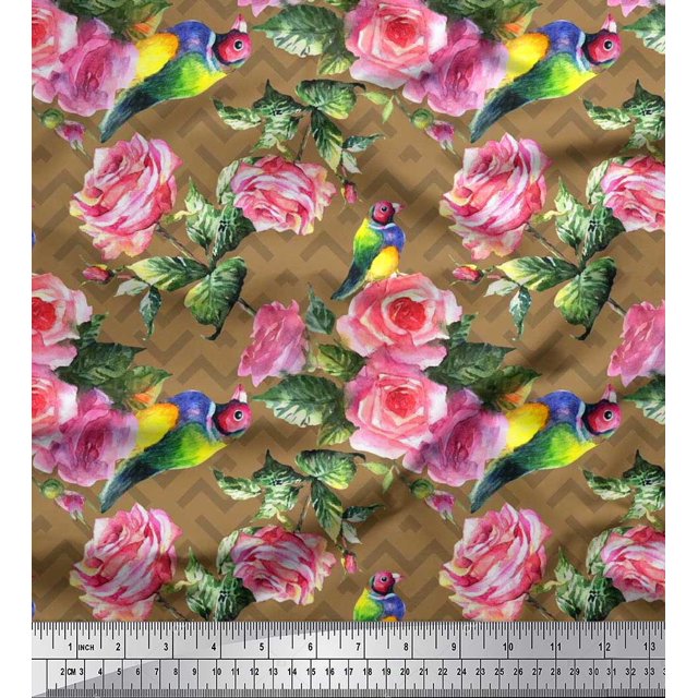 Soimoi Poly Georgette Fabric Bird,Leaves & Rose Floral Fabric Prints By Yard 52 Inch Wide