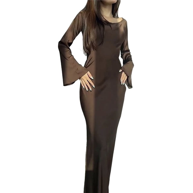 Maxi Dresses for Women Elegant Classy Fall Long Bell Sleeve Ruched Bodycon Fitted Cocktail Party Slit Dress Brown XL