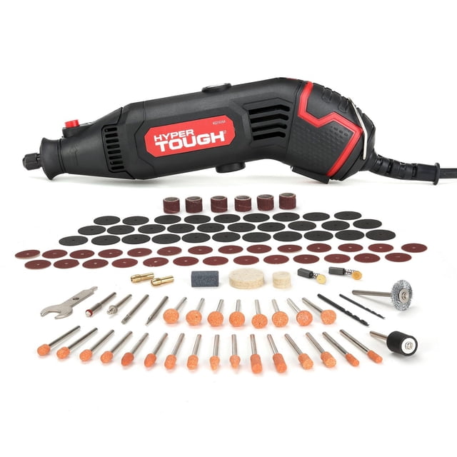 Hyper Tough Outil Rotatif Filaire de 1,5 Amp avec Contrôle de Vitesse variable, Corps Noir et Rouge, Affiché avec 105 Accessoires Rotatifs Incluant Disques de Ponçage, Pierres de Meulage, Roues de Coupure, Forets, Roues de Polissage, Brosse Métallique, Pinces et Clé, Disposé sur Fond Blanc pour une Utilisation Polyvalente comme Outil Électrique.