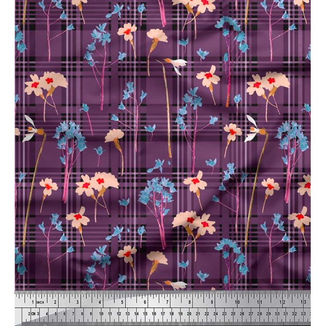Soimoi Cotton Cambric Fabric Floral & Check Print Fabric by the Yard 42 Inch Wide