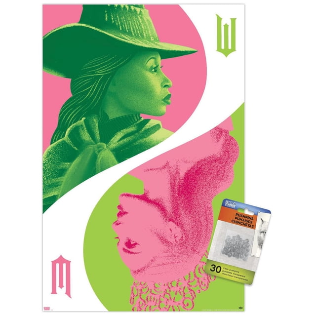 Wicked - Reflection Wall Poster with Push Pins, 22.375" x 34" displays a glossy wall poster featuring a green figure in a wide-brimmed hat and cloak on a pink circular background, mirrored by a pink crowned figure upside down on a green circular background, with 30 clear push pins included for easy, damage-free hanging, suitable for home décor and party use.