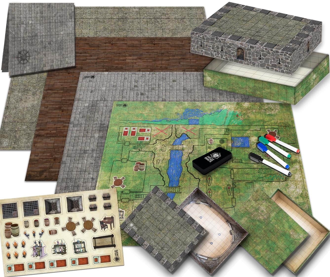 Melee Mats DND Map Starter Kit for Dungeons & Dragons Game - 22â€ x 26" Double Sided, Wet/Dry Erase Battle Terrain Grid - Ultimate Tabletop Board Gaming Experience with Accessories