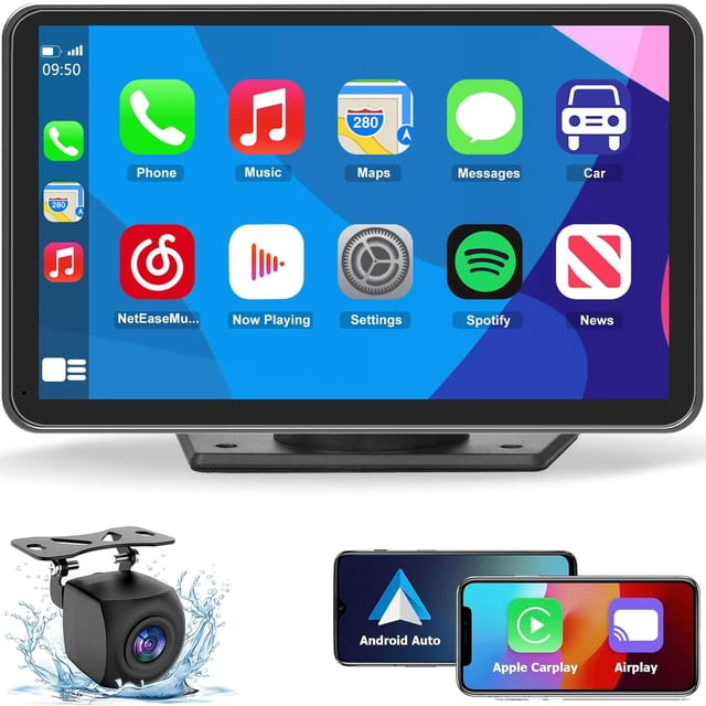 Wireless CarPlay Screen for Car, 7" HD Portable Stereo Touchscreen with Apple CarPlay & Android Auto, CarPlay Screen with Backup Camera, Mirror Link, Bluetooth, Navigation for All
