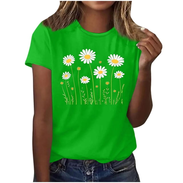Pisexur Hauts pour Femmes Design Imprimé Marguerite Hauts Mignons pour Femmes Hauts d'Été Décontractés Manches Courtes, Hauts de Printemps pour Femmes & Hauts d'Entraînement pour Femmes