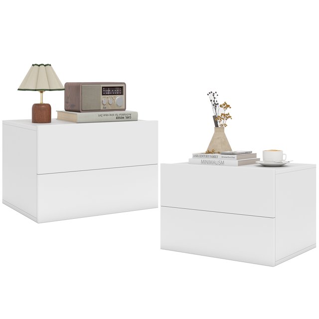 Costway 2 Pcs Table de Nuit Flottante Moderne, Table de Chevet Murale avec 2 Tiroirs de Rangement Blanc