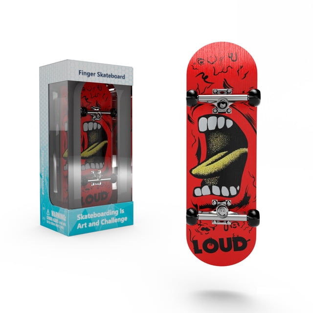 Professional Finger Skateboard, Mini Finger Skateboard, Finger-Board Toys with Stickers. The image shows a red mini finger skateboard with a bold graphic of an open mouth and the word 'LOUD' printed on the deck. Made of 5 layers of real maple wood, it features alloy brackets for stability and a foam surface for better grip. The skateboard is displayed alongside its packaging, which highlights its suitability for tricks and as a gift for all age groups. Package includes tools for easy assembly and customization.