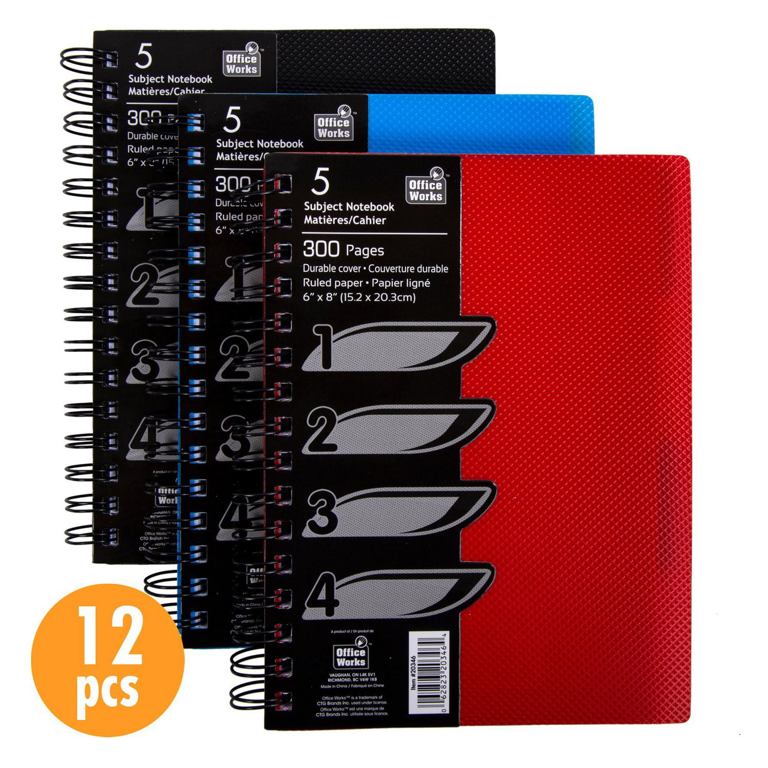 Office Works Ensemble de cahier à spirale 5 sujets, 300 pages