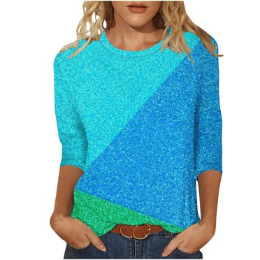 FAIWAD Womens 3/4 Sleeve Tops Round Neck Plus Size Color Block T-Shirt Summer Loose Basic Pullover Blouses