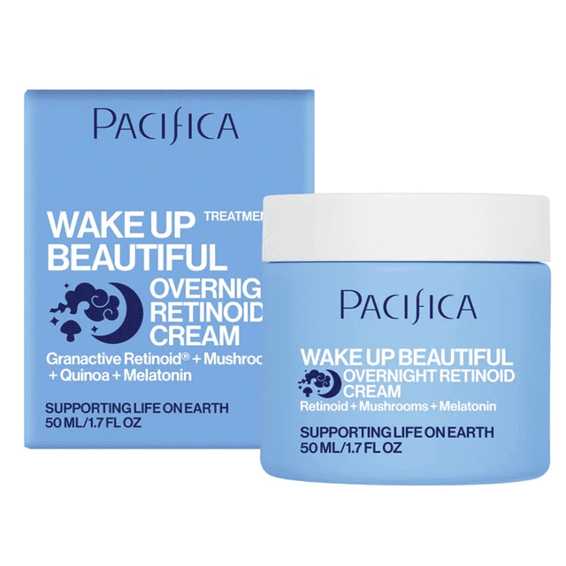 Pacifica Wake-up Beautiful Overnight Retinoid Cream 1.7oz in a light blue jar with white lid, containing retinoid, mushrooms, and melatonin for hydrating and anti-aging skin care, shown with matching blue box and 50 ml/1.7 fl oz volume.