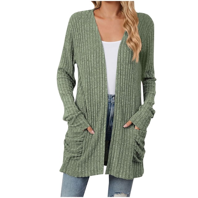 Yuyuzo Cardigan for Women 2025 Fall Ribbed Knit Sweater Open Front Long Sleeve Outwear with Pockets