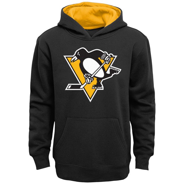 Outerstuff Youth Pittsburgh Penguins NHL Prime Basic Hoodie in black with a screen-printed team logo on the front chest. Features a contrast yellow inner hood lining, ribbed cuffs and waist, and a kangaroo pocket. Made from 60% cotton and 40% polyester. Officially licensed by the NHL.