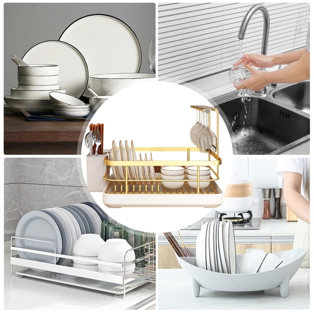 Two-Tier Dish Drying Rack with Integrated Utensil Holder and Efficient Drain Tray for Organized Kitchen Counter