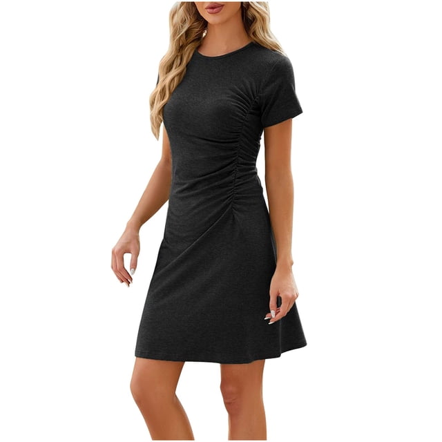 FAIWAD Robe d'Été pour Femme à Manches Courtes, Robe Plissée Ample, Mini-Robe Basique, T-Shirt Extensible, Robe Soleil