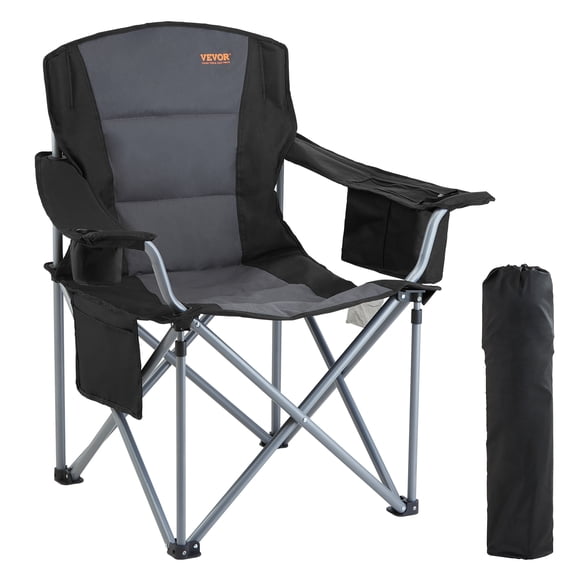 VEVOR Camping Folding Chair for Adults, Portable Heavy Duty Outdoor Quad Lumbar Back Padded Arm Chairs with Side Pockets, Cup Holder and Cooler Bag for Beach, Lawn, Picnic, Fishing, Black