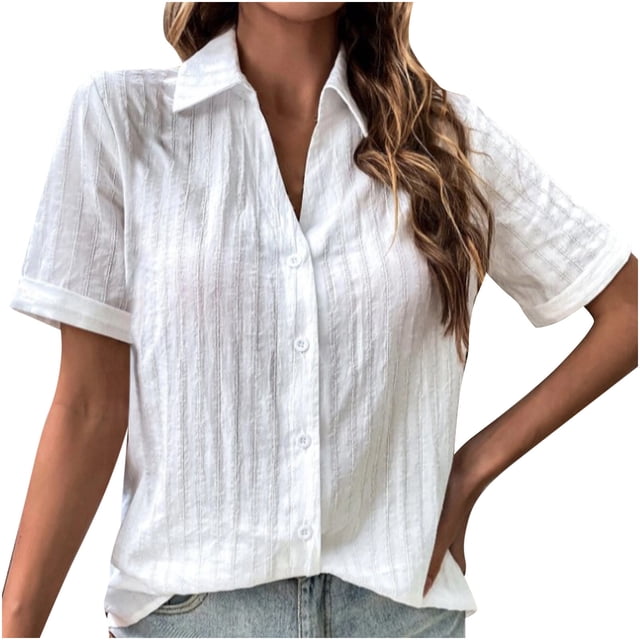Hauts à Manches Courtes pour Femmes Été Femmes T-shirt Décontracté Uni à Manches Courtes Col Rabattu Boutons Cardigan Blouse Hauts
