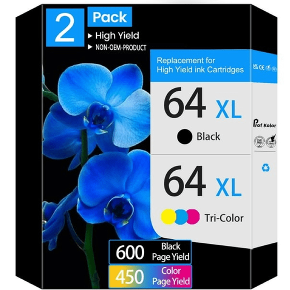 Cartouches d'Encre Reconditionnées Prof Kolor 64TG pour HP, Combo Noir/couleur