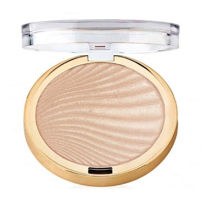Milani Strobelight Instant Glow Powder in a round gold compact with a clear lid, featuring a light-reflecting pearl powder embossed with a wavy texture, vegan formula ideal for highlighting and strobing with a long-lasting glow effect.