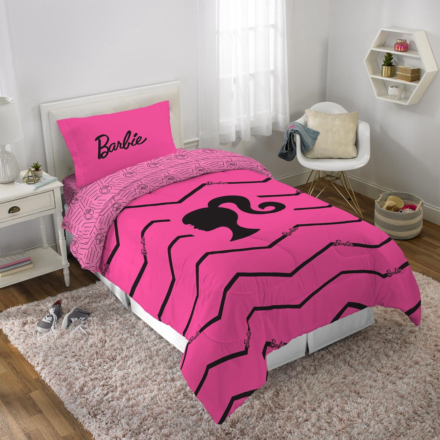 Édredon pour lit 1 place/double et taie d'orieller Barbie "Barbie Chevron"