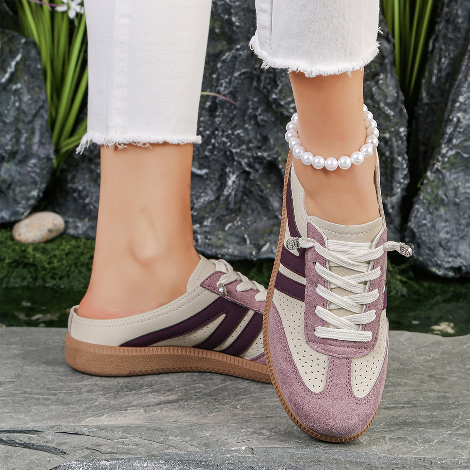 HTHLVMD Retro Color Block Sneakers, Low Top Lace-Up Shoes, Slip-On