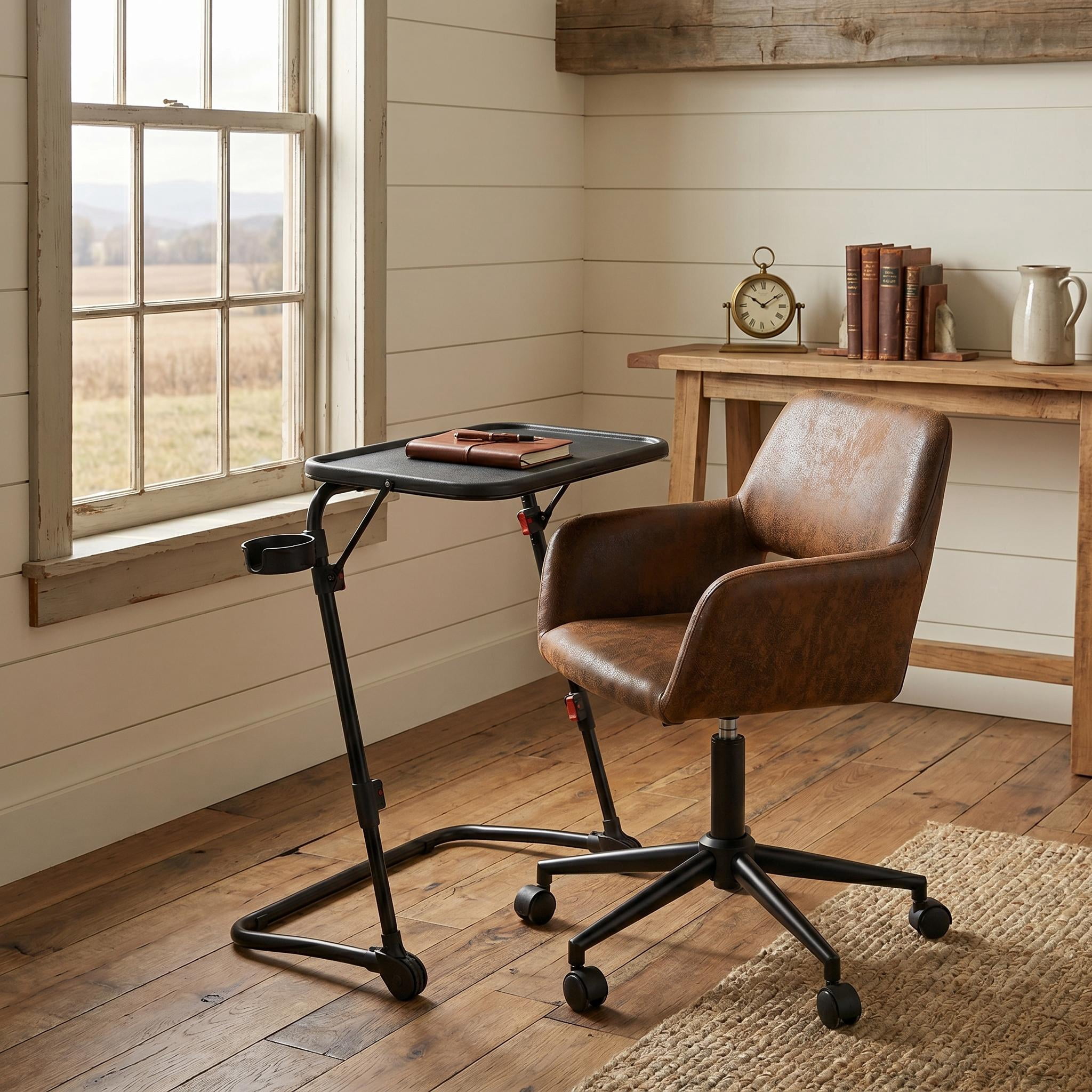 Homy Casa 2-Piece Home Office Set, 22'' 360° Swivel PU Leather Desk Chair & 18.9'' Foldable Side Table with Cup Holder, Brown/Black