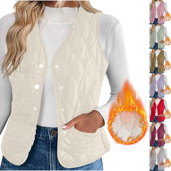 Nfurl Womens Quilted Vests Warm Fleece Lined Vest Comfy Solid Color Button Sleeveless Jackets Casual Fall Winter Coats Base Layer Vests Beige L