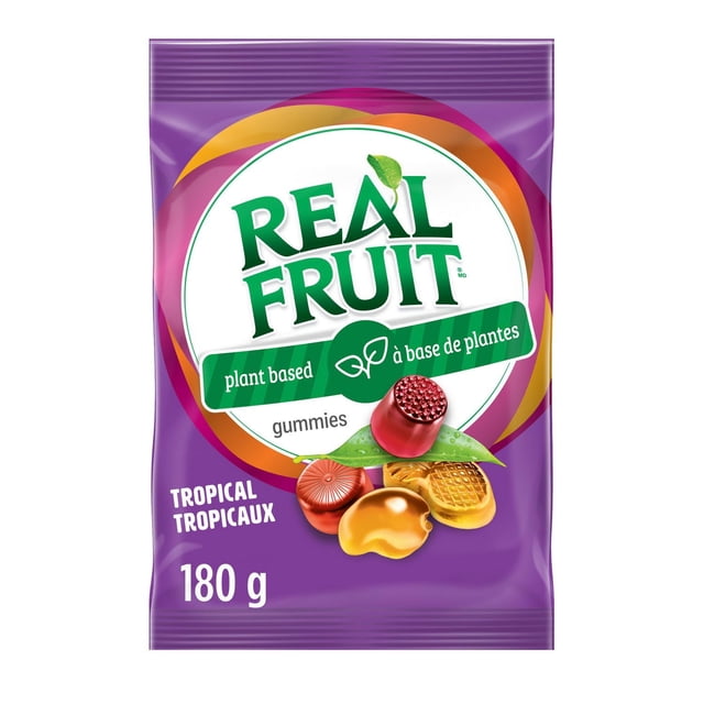 REALFRUIT Gummies Tropical Candy by Dare Real Fruit in a 180 g purple bag featuring plant-based, gelatin-free tropical fruit gummies including pineapple, strawberry-kiwi, mango, and passionfruit. The multicolour gummies are displayed on the front, suitable for a natural, sweet snack.