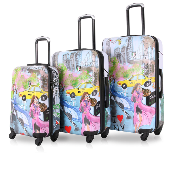 TUCCI Italy – New York Love Art 3-Piece (20/24/28") Anti-scratch Spinner Luggage Set w/ Secure Combo Lock