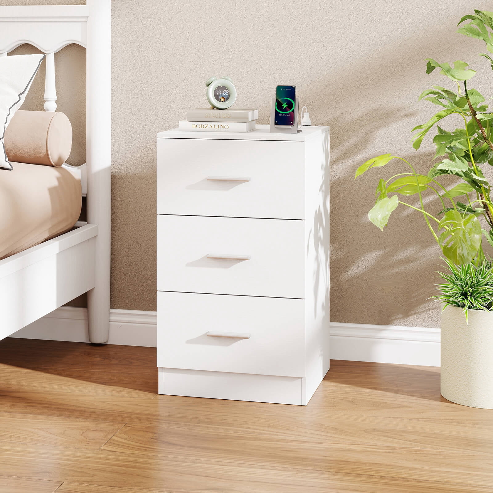 Costway 1 PCS Nightstand with Charging Station, 3 Storage Drawers, Bedside Table for Bedroom White
