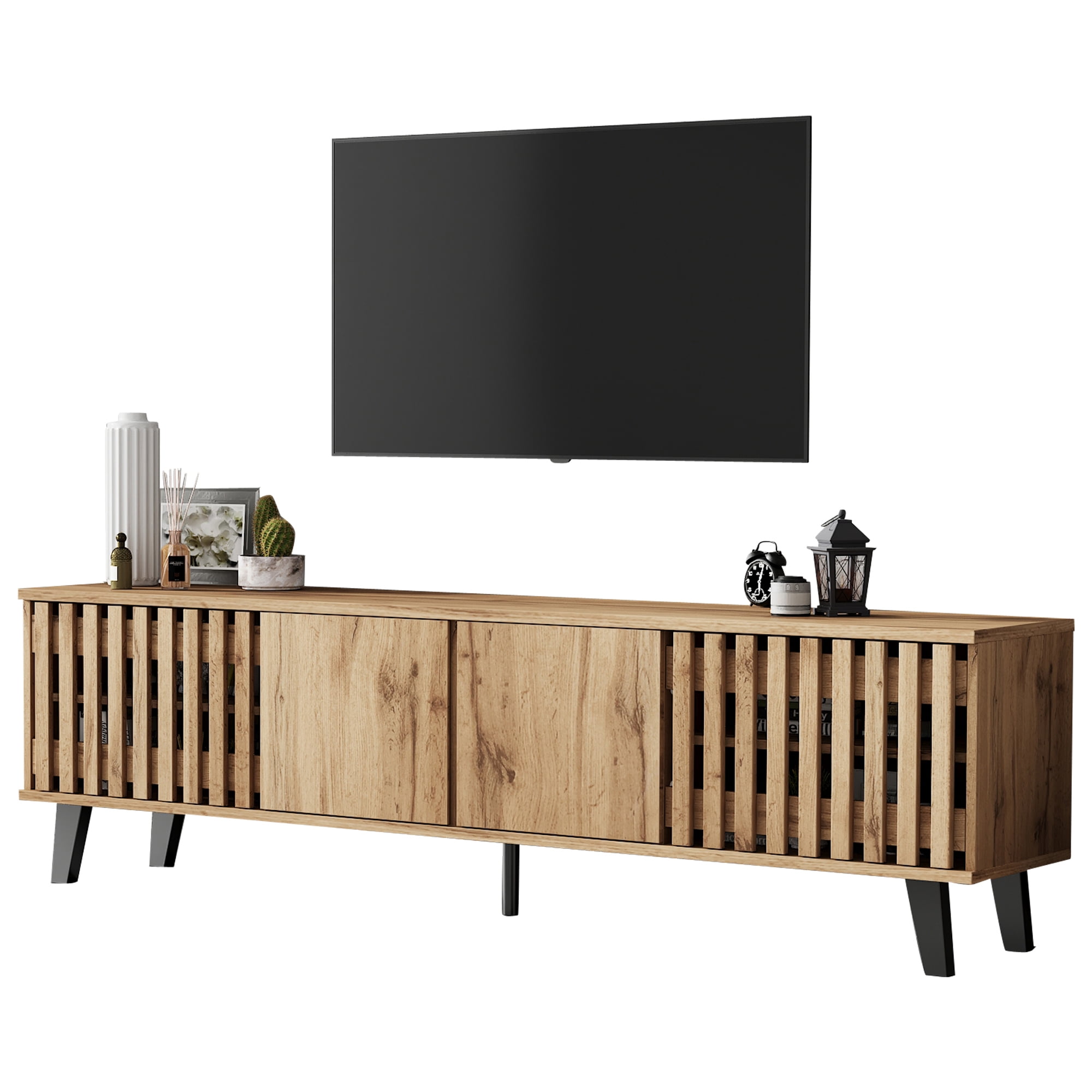 Homy Casa 65" Fluted Mid-Century TV Stand with 4 Doors and 8 Shelves for 32–65" TVs, Natural Wood
