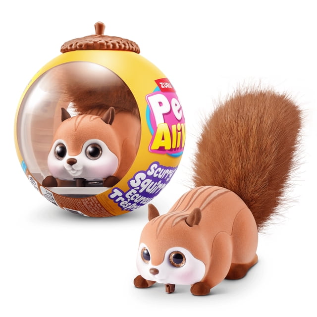 Pets Alive Scurry'n Squirrel Interactive Robotic Pet Toy in orange with a soft, fluffy tail and large eyes, shown outside and inside its yellow acorn-shaped capsule packaging with clear window, designed for lifelike scurry and run action, suitable for imaginative, screen-free play.