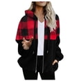 thumbnail image 1 of IROINID Veste à Capuche Courte en Laine pour Femmes à Carreaux Manches Longues Confortable avec Fermeture Éclair, Rouge, 1 of 6