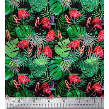 Soimoi Japan Crepe Satin Fabric Tropical Leaves & Flamingo Bird Print Fabric by The Yard 42 Inch Wide