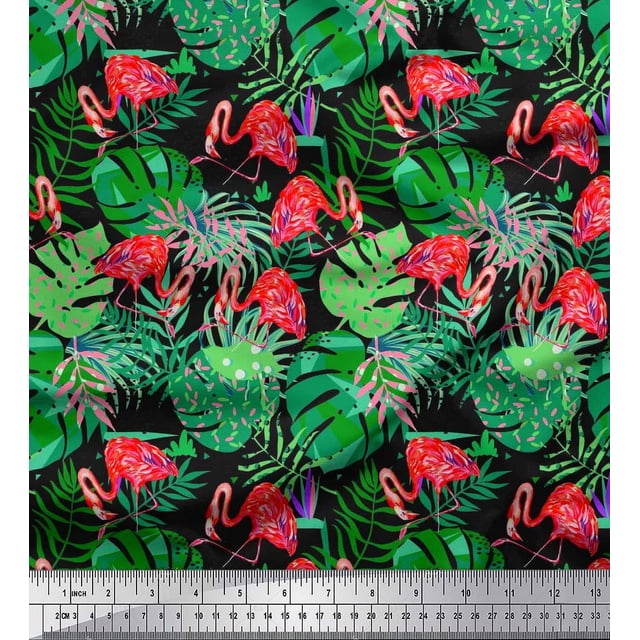 Soimoi Polyester Crepe Fabric Tropical Leaves & Flamingo Bird Printed Fabric 1 Yard 52 Inch Wide