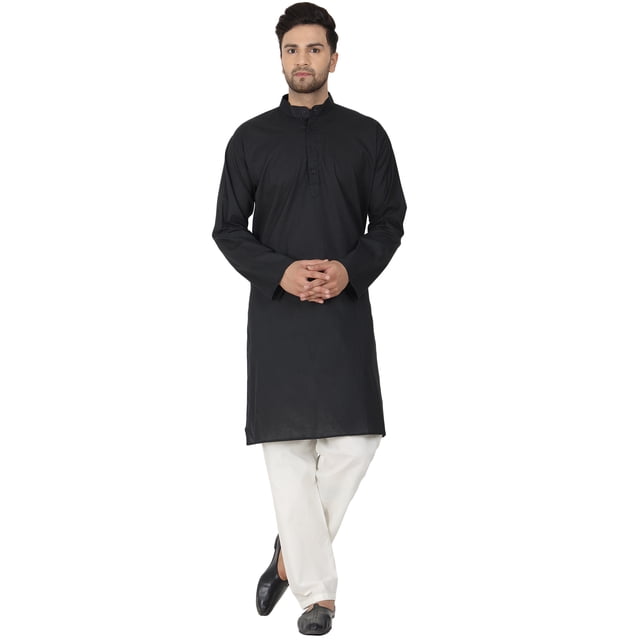SKAVIJ Hommes Kurta Pyjama Ensemble Coton à Manches Longues Robe de Yoga du Soir Black XXL