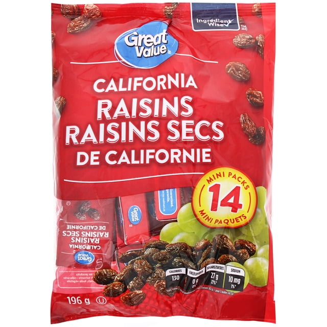 Great Value California Raisins package with 14 mini packs for on-the-go snacking, displayed on a red background with images of raisins and green grapes, showing nutrition facts including 130 calories and 27g sugars per serving, suitable for adding to nut and raisin toppings.