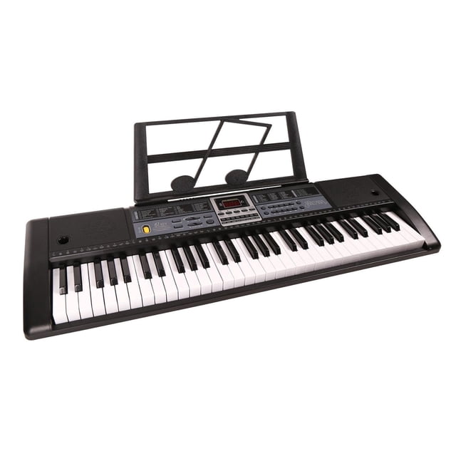 Santana 61-Key Electronic Keyboard with microphone and music stand, featuring 61 keys with LCD display, dual built-in speakers, 200 tones and rhythms, control buttons, and a black plastic body ideal for electronic music practice and recording.