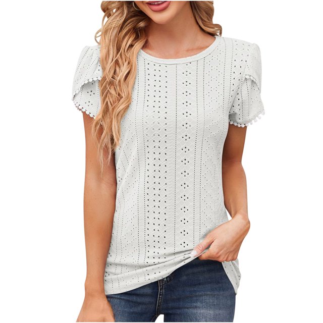 Timegard Hauts d'Été pour Femmes, Oeillets, Col Rond, Blouse à Manches Courtes Pétale, Chic Décontracté, Hauts Amples