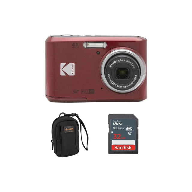 Kodak PIXPRO FZ45 Friendly Zoom 16MP Full HD Digital Camera in red, a compact point-and-shoot camera with 4x optical zoom, 27mm wide-angle lens, 2.7-inch LCD screen, and 1080p Full HD video capabilities. Includes a SanDisk Ultra 32GB UHS-I SDHC memory card and a Slinger Alpine camera bag.
