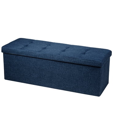 Costway Pouf de Rangement Pliant en Tissu Coffre de Rangement avec Séparateur Banc de Bout de Lit Bleu Marine