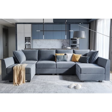 Honbay Canapé Moderne Rembourré, Ensemble de Canapé Sectionnel Convertible en U avec Rangement, Gris Bleuâtre