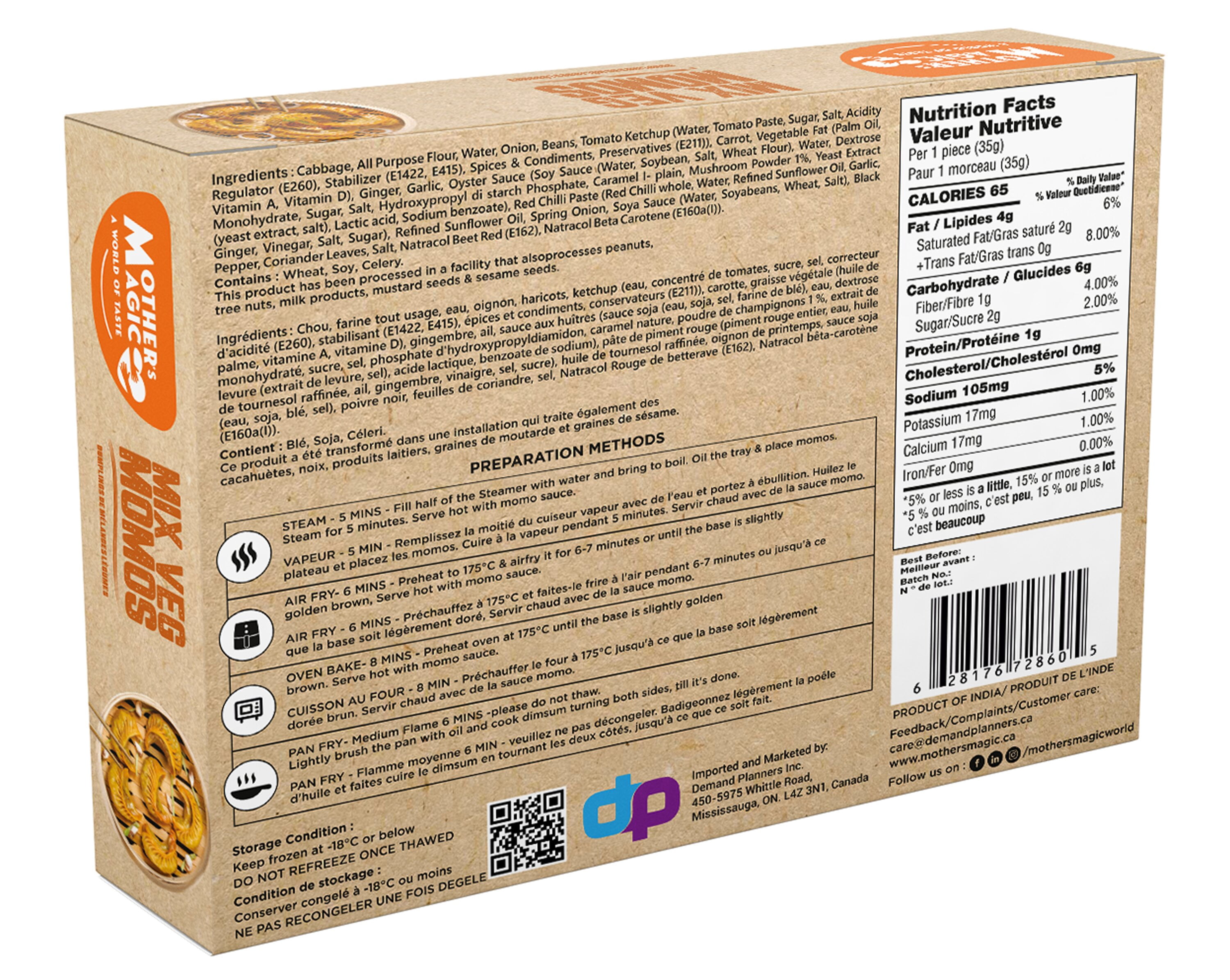 Momos aux légumes Mothers Magic 350 g Momos aux légumes – sachet 350 g, surgelés, 20 sachets par caisse, prêt à cuire à la vapeur, garniture de légumes frais dans une pâte moelleuse.
