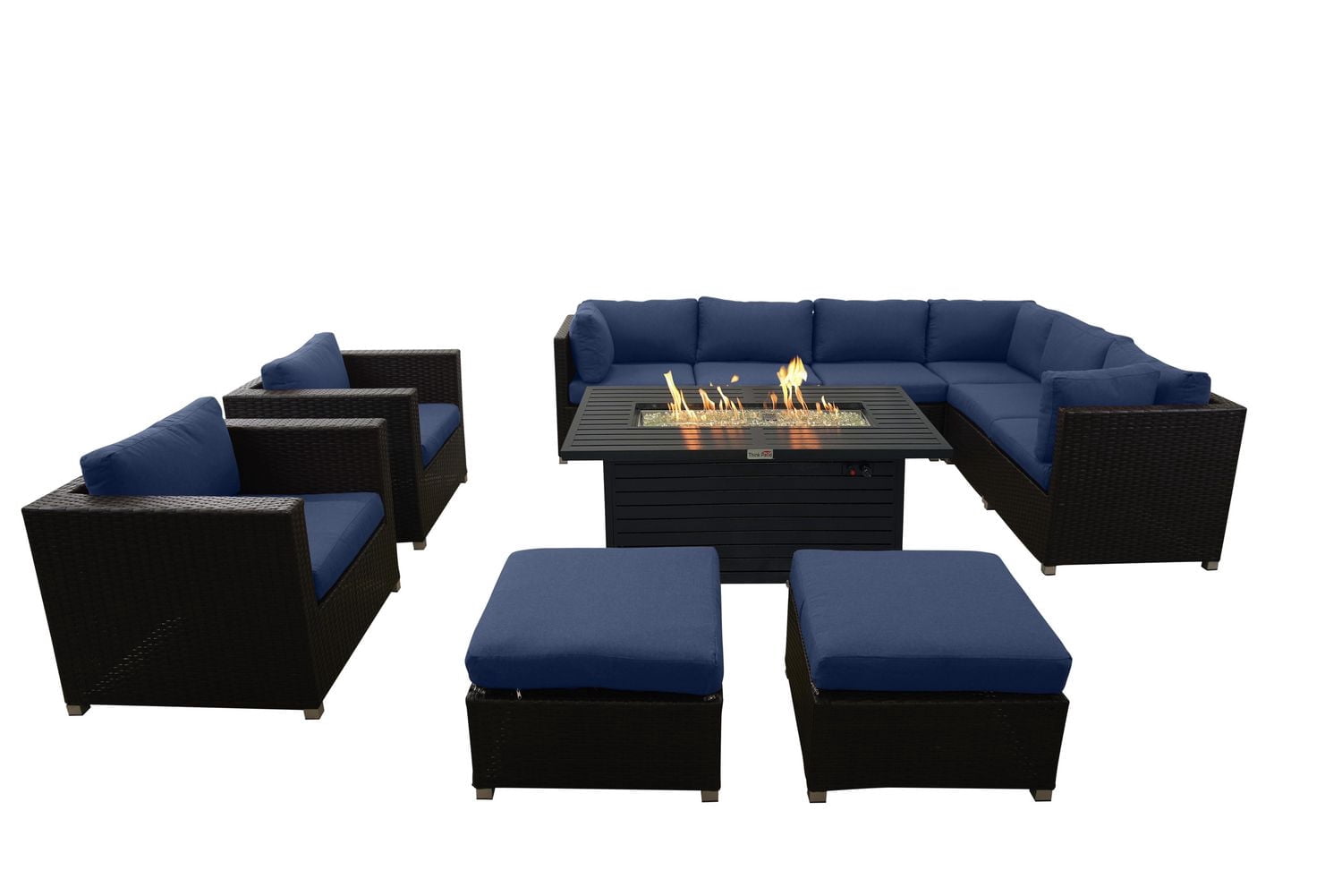 Innesbrook Collection Ensemble de conversation de patio en aluminium 11 pièces avec coussins bleu marine et table de feu rectangulaire